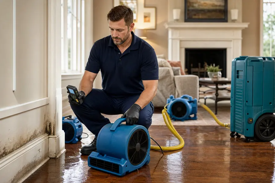 Restoration technician drying a flooded Stamford, CT home with air movers