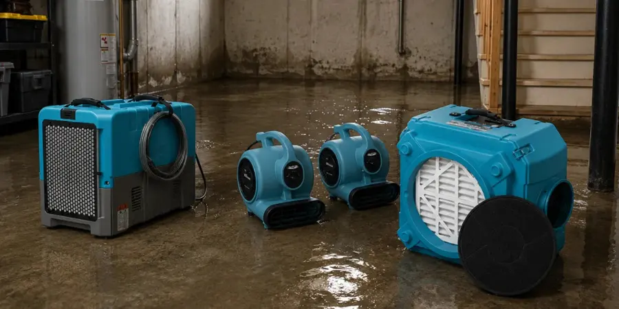 Air movers and dehumidifiers drying a Stamford, CT room